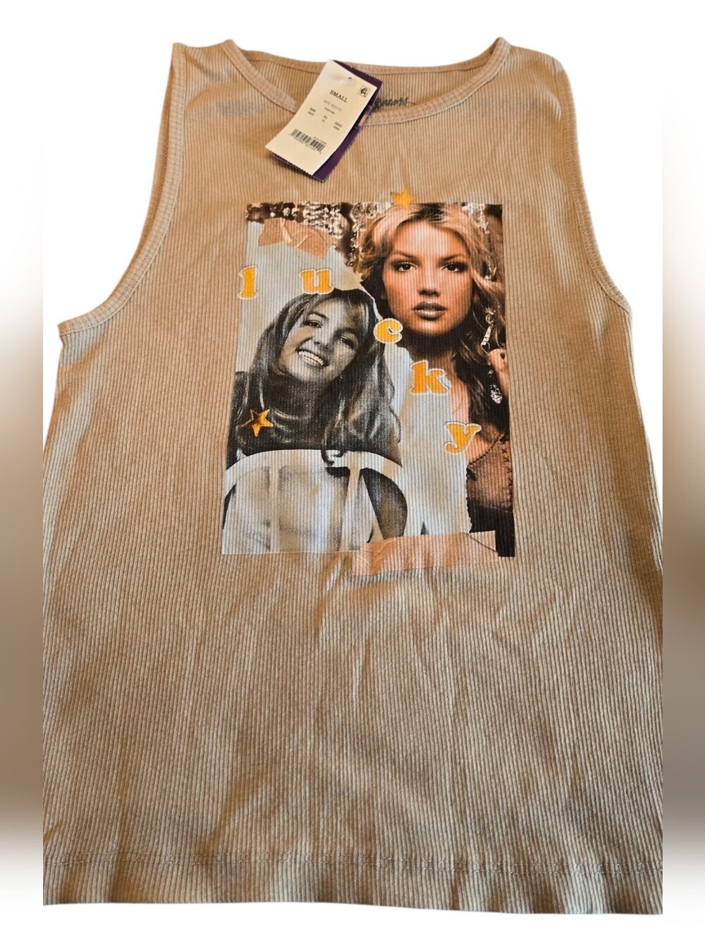 Brittany Spears Lucky Beige Graphic Ribbed Tank Top -Size Small  NWT